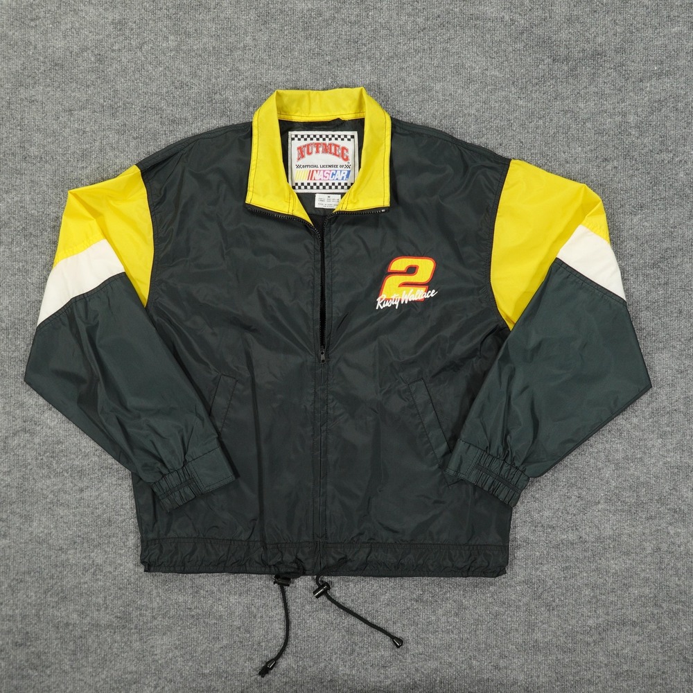 Vintage‎ Rusty Wallace Jacket Mens Medium Black NASCAR Racing Nutmeg Windbreaker